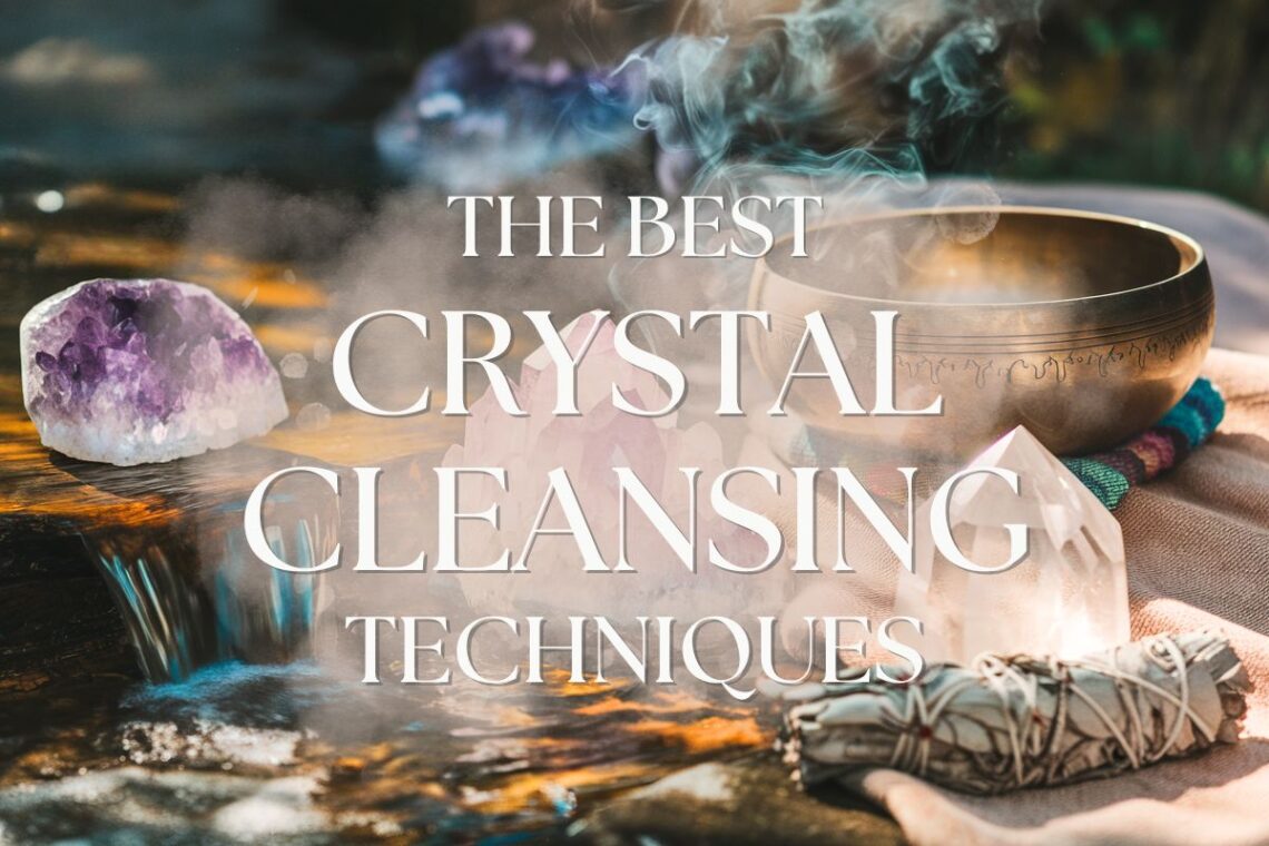 An arrangement of crystal cleansing tools, including amethyst, a singing bowl, and sage