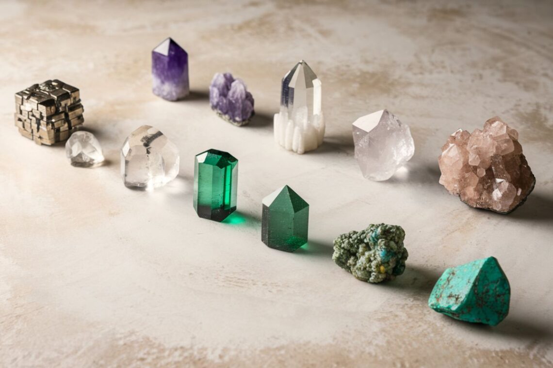 A variety of crystals arranged in a row to represent different crystal systems