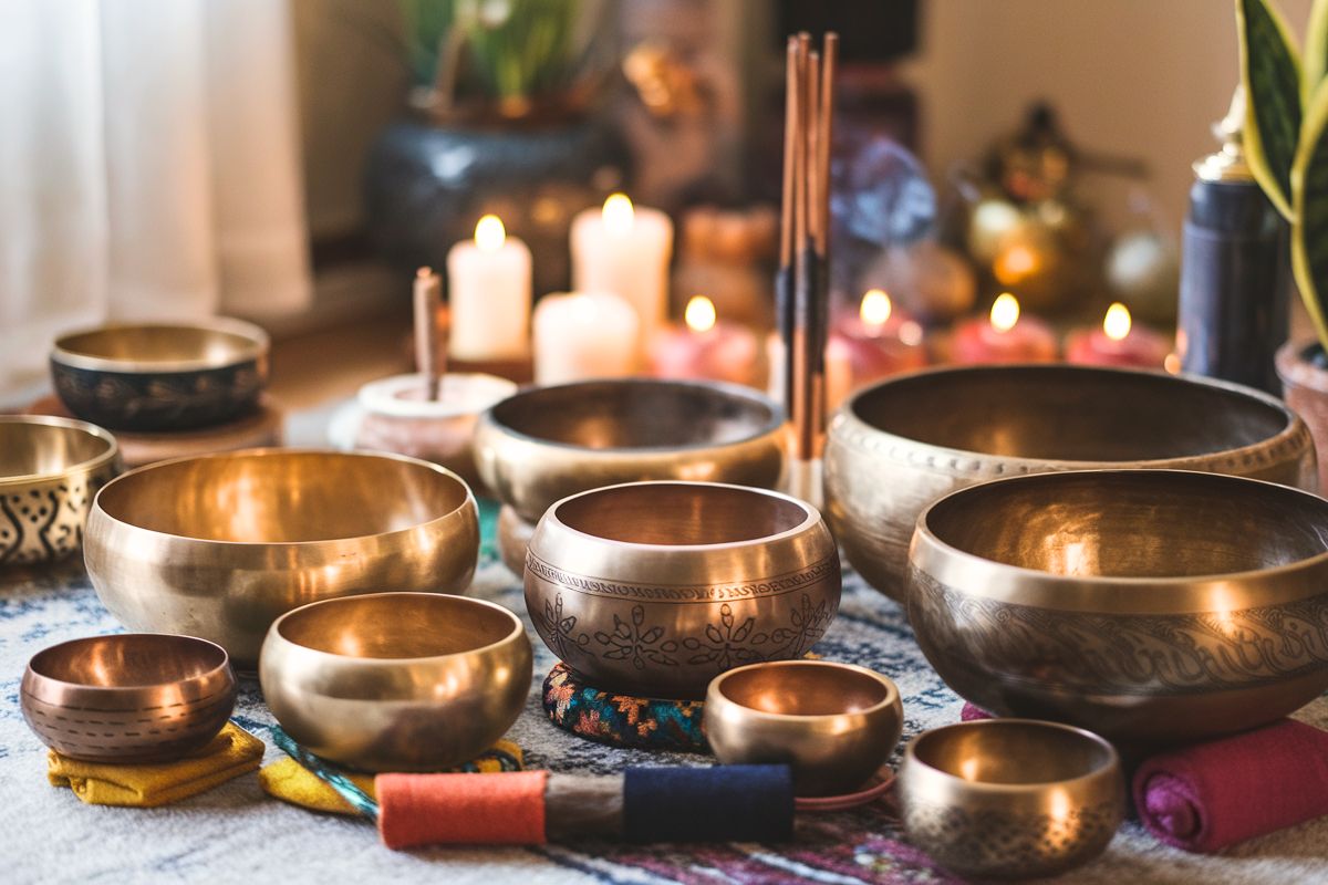 assorted tibetan singing bowls with candles Assorted Tibetan singing bowls with candles in a meditation setup